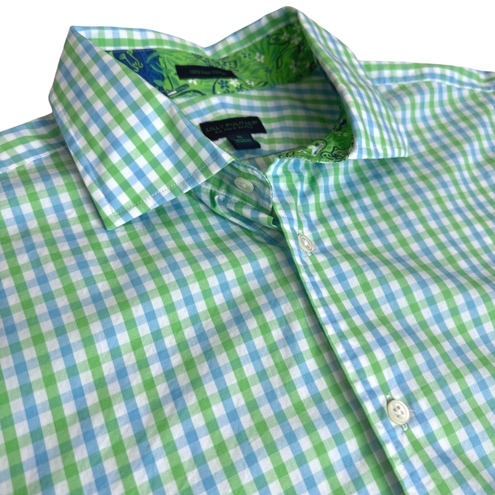 Lilly Pulitzer Button Down Shirt Men XL Green Blue Gingham Preppy Luxury Coastal